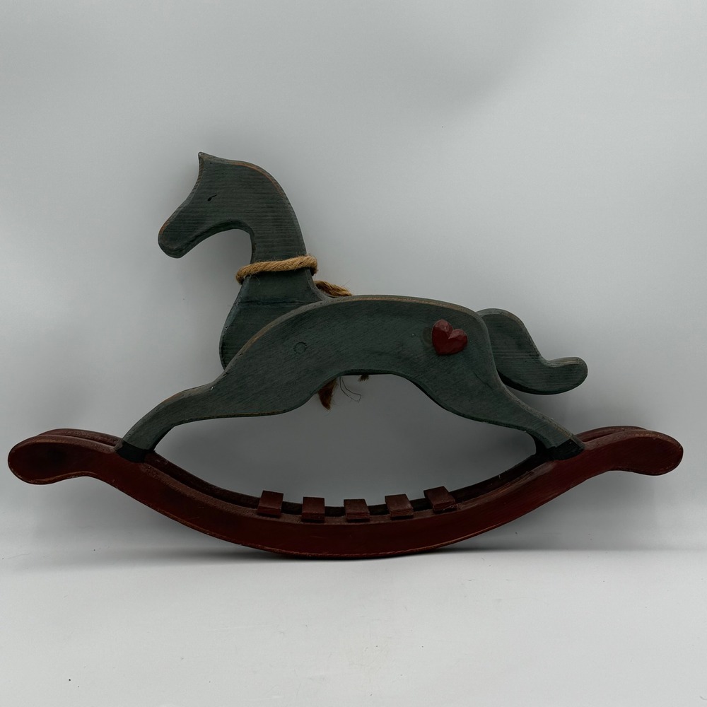 Vintage Primitive Wooden Rocking Horse Folk Art Decor Teal Blue Burgundy Heart